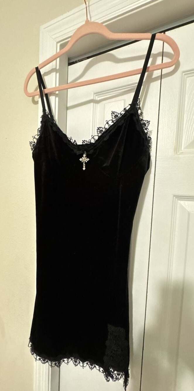 Black Velvet Mini Dress with Lace Trim and Cross Pendant
